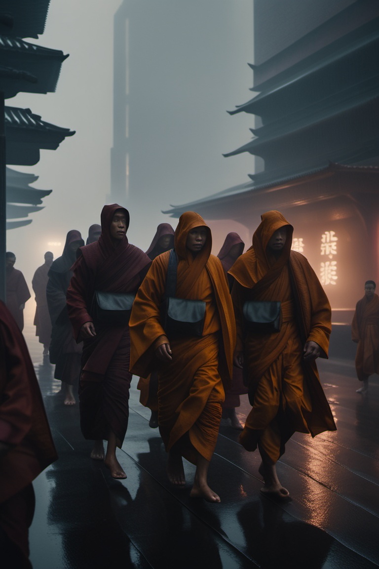 candid closeup shot of group of asian monks walking in the dystopian city during an overcast day,  atmosphere is dark and...