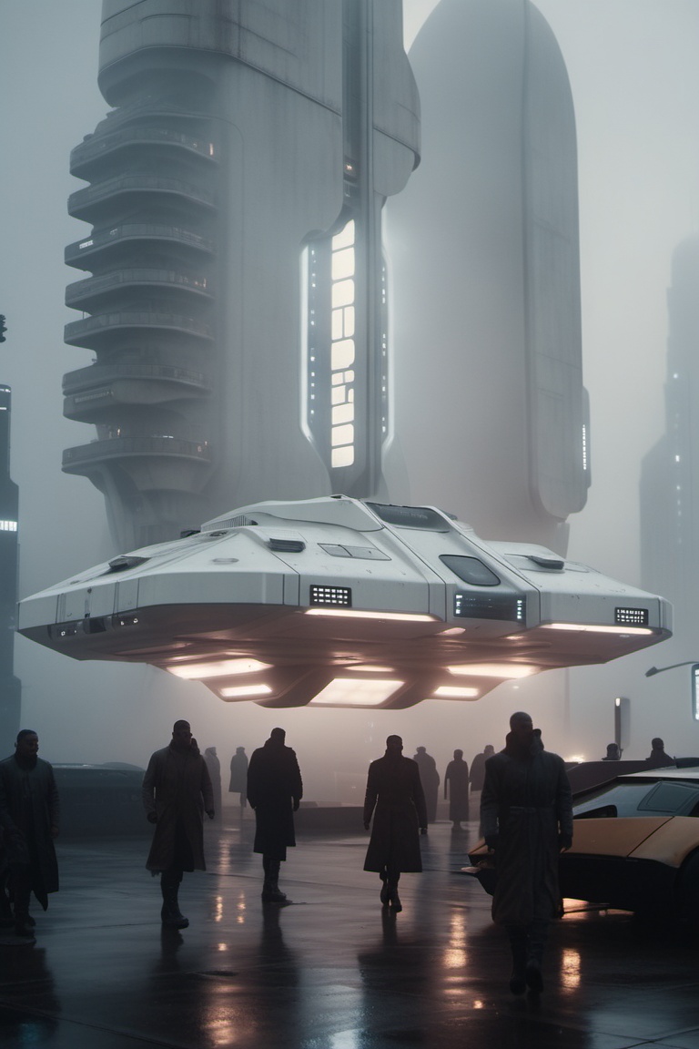 close-up of a futuristic white spaceship in the middle of dystopian city during an overcast day,  atmosphere is dark and o...
