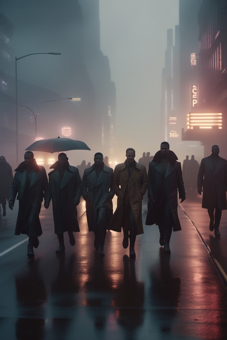 candid,  extreme closeup shot of humanoids crossing road in the dystopian city during an overcast day,  atmosphere is dark...