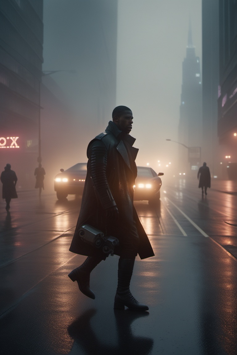 candid,  extreme closeup shot of cyborg crossing road in the dystopian city during an overcast day,  atmosphere is dark an...