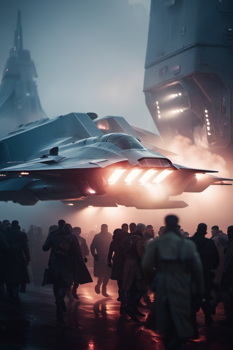 closeup shot of fight aircraft,  in futuristic and sci-fi city,  during twilight on Tensor.Art