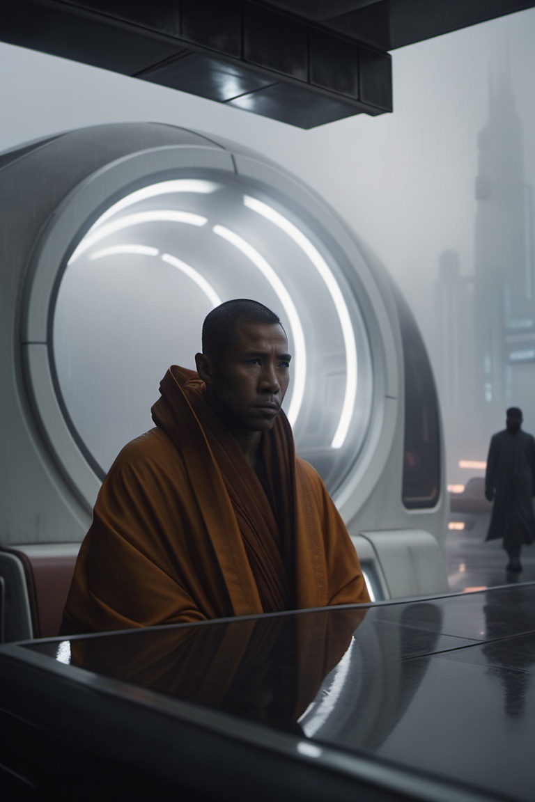 close-up of asian monk sitting inside futuristic white metro in the dystopian city during an overcast day,  atmosphere is...