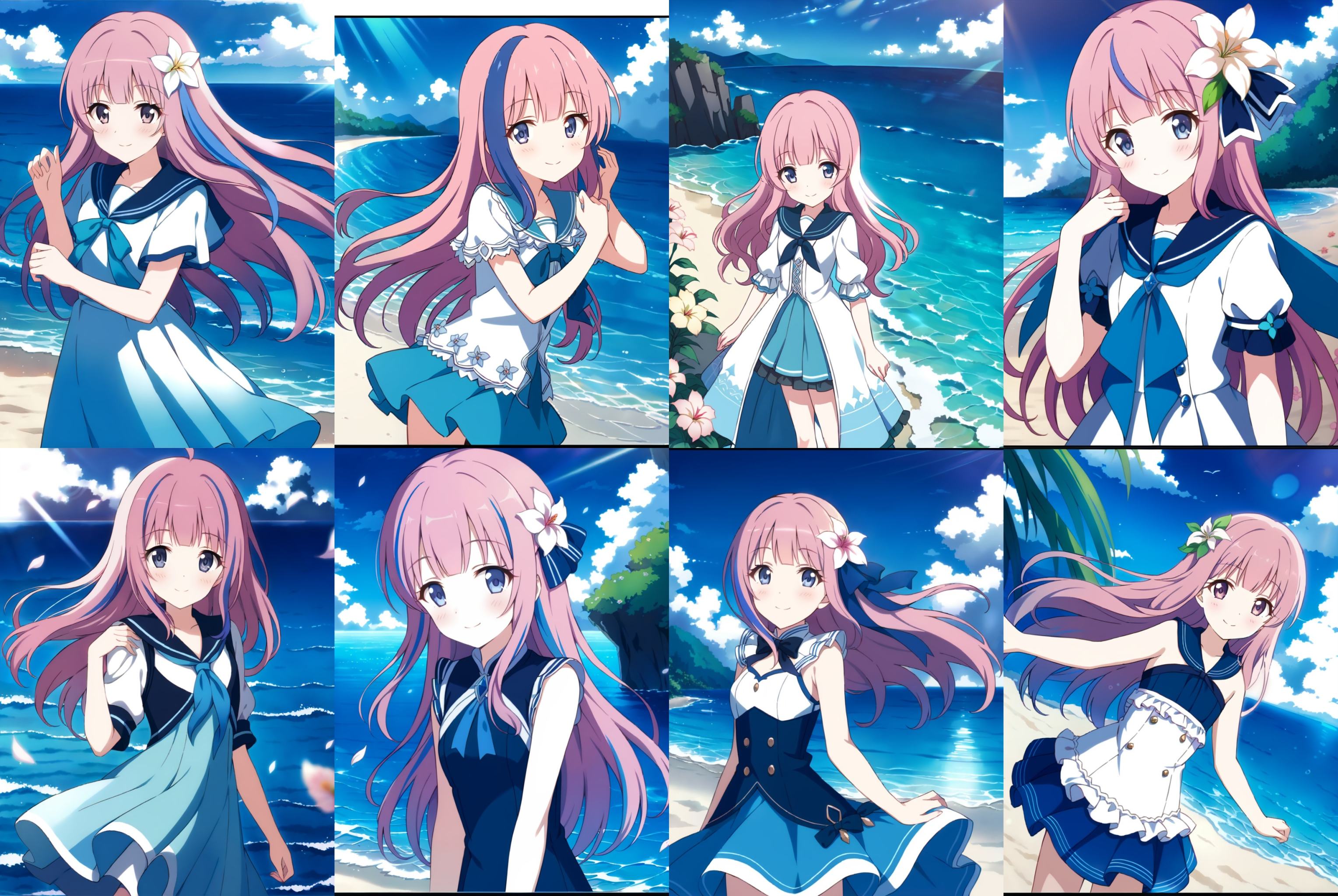 masterpiece,best quality,extremely detailed CG unity 8k wallpaper,Depth of field,cinematic lighting,backlighting,cel shading,anime screencap,long hair,beautiful detailed eyes,1girl,finely detail,(upper body:1.2),pink hair,(blue streaked hair:1.25),blue sky with cloud,sea,(flower near sea:1.5),art by princess connect!,original,seductive smile,random pose,solo,looking at viewer,ribbon,standing on beach,near water,blush,blunt bangs,blue water,<lora:pcr-xl-fp8:0.7>,