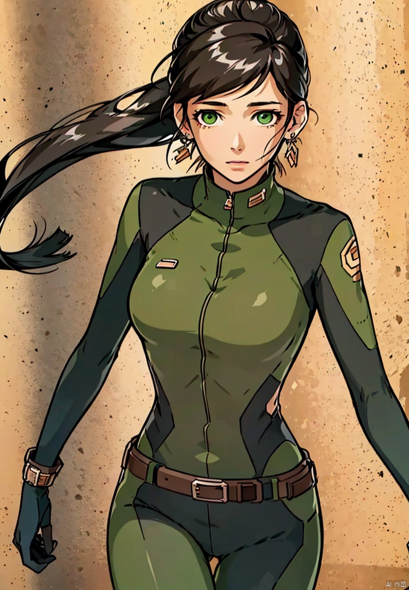 1girl, solo, long hair, looking at viewer, brown hair, jewelry, green eyes, ponytail, earrings, belt, bodysuit