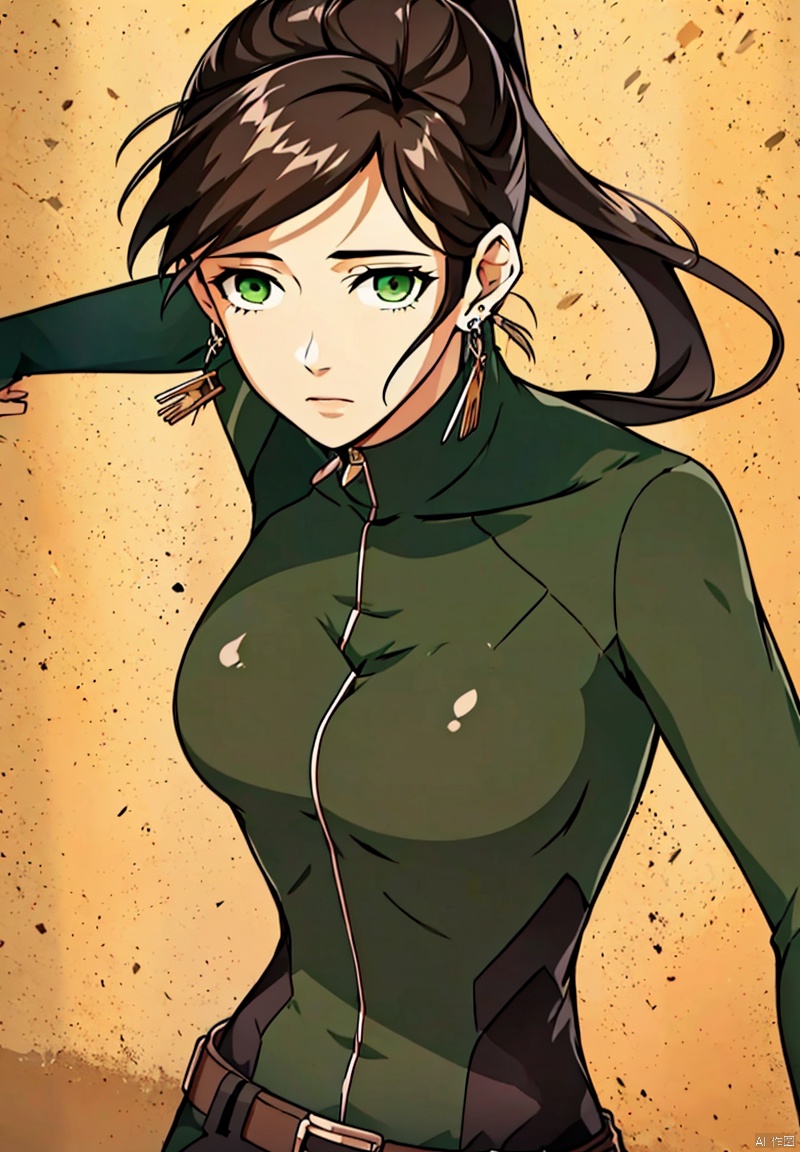 1girl, solo, long hair, looking at viewer, brown hair, jewelry, green eyes, ponytail, earrings, belt, bodysuit