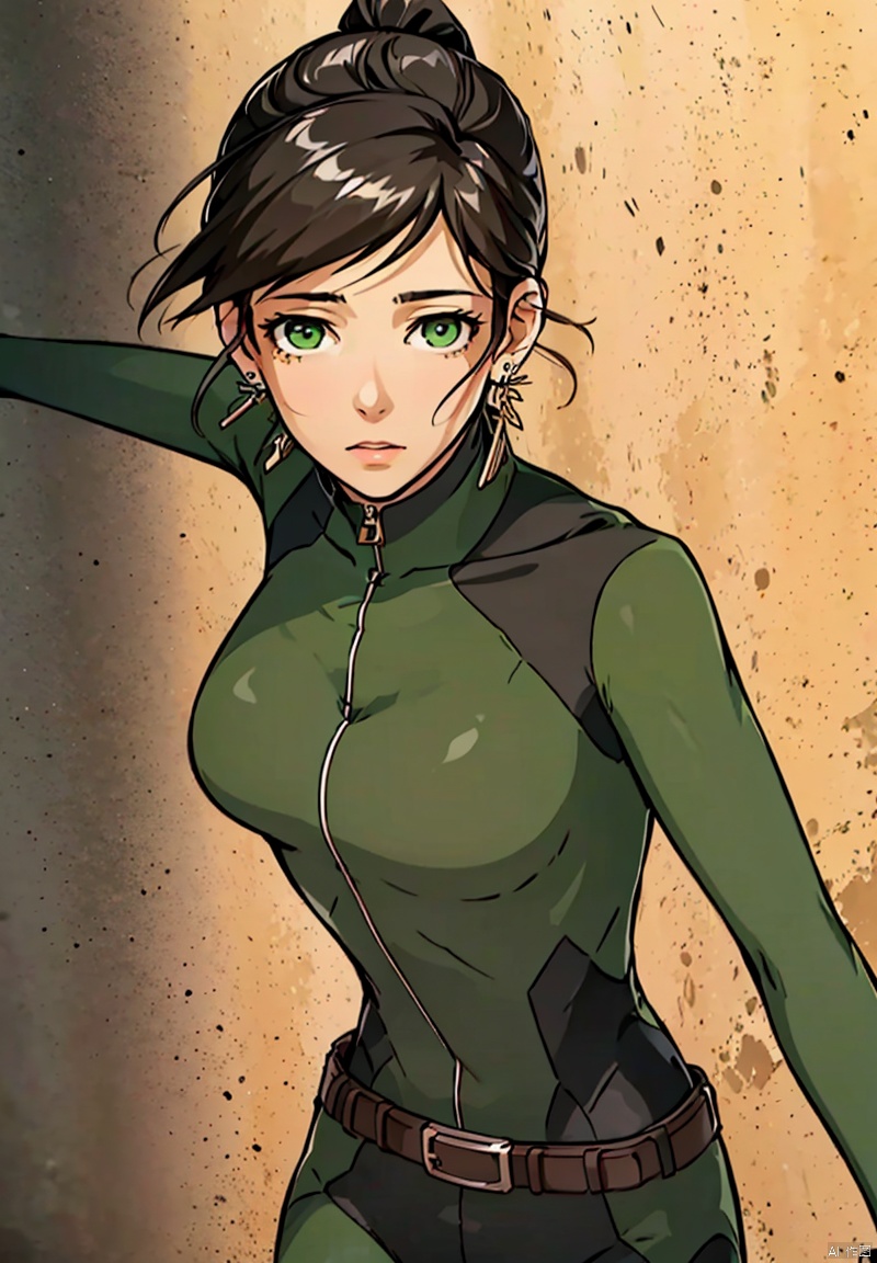 1girl, solo, long hair, looking at viewer, brown hair, jewelry, green eyes, ponytail, earrings, belt, bodysuit