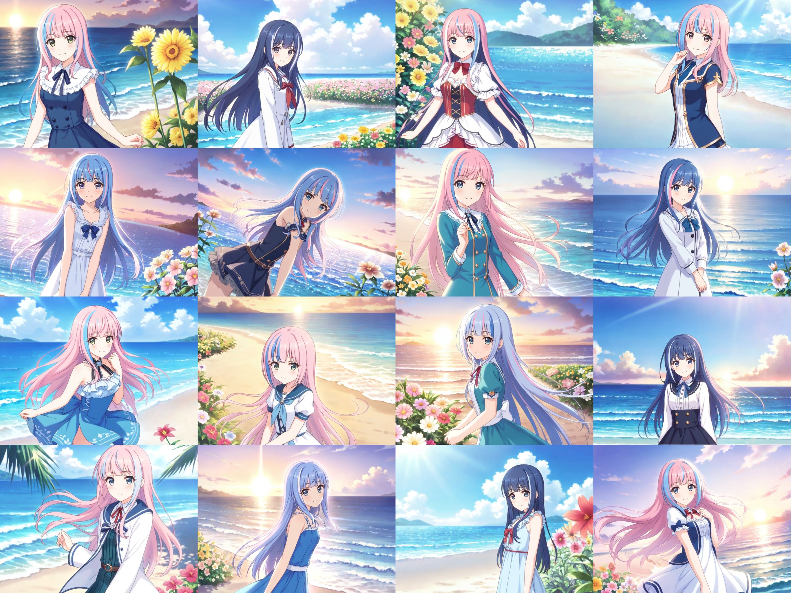 masterpiece,best quality,extremely detailed CG unity 8k wallpaper,Depth of field,cinematic lighting,backlighting,cel shading,anime screencap,long hair,beautiful detailed eyes,1girl,finely detail,(upper body:1.2),pink hair,(blue streaked hair:1.25),blue sky with cloud,sea,(flower near sea:1.5),art by princess connect!,original,seductive smile,random pose,solo,looking at viewer,ribbon,standing on beach,near water,blush,blunt bangs,blue water,<lora:pcr-xl-fp8-lokr:0.6>,