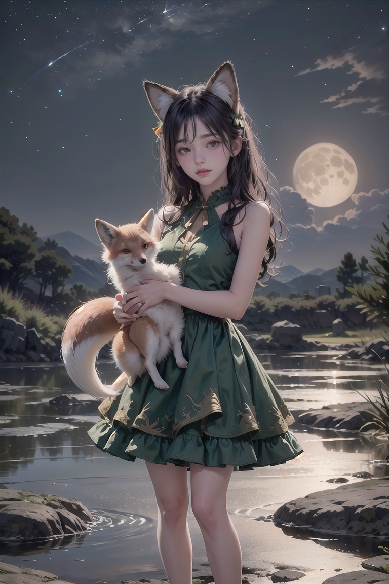 The (girl with fox ears) in a ((green frilly dress) with (red ribbons)),  she carries a ((small fox)) in her arms,  her (l...