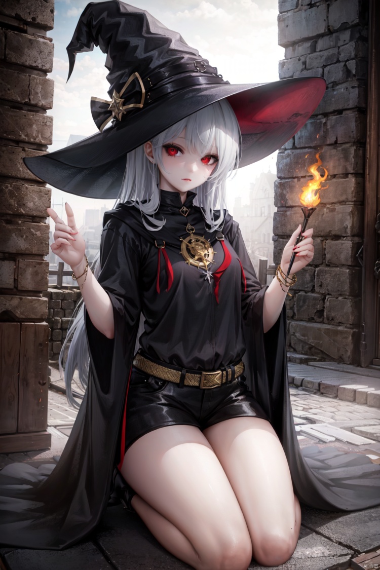 Red eyes, evil, golden, shiny, gold hair,High detailed ,midjourney,perfecteyes,Color magic,urban techwear,hmochako,better witch,witch, witch,Long hair,free style,horror (theme)