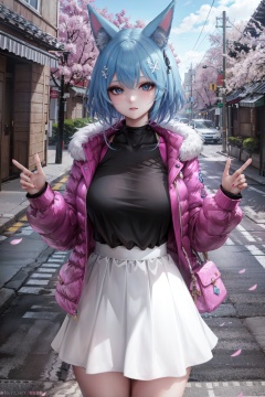 best quality,1 furry girl,ice blue hair,1girl,solo, fox ear,pink laser jacket,cherry blossom tree,8k, msn