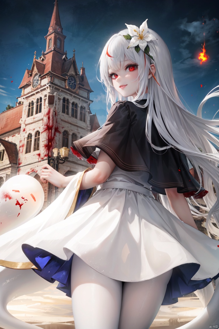 1girl, (loli:1.2), red eyes, white cape, (white hair), long hair, (red hair flower), (blood:1.2), (ghost castle:1.2), (english text), (silhouette), long bangs, evil smile, cover, text below, (distant view:1.2), ethereal dragon, backlight, colors, white pantyhose