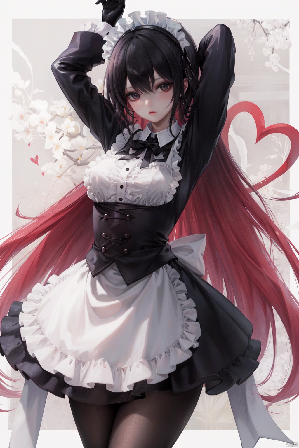 1girl, black_gloves, black_legwear, black_skirt, border, bow, frills, gloves, hairband, heart, lolita_fashion, long_hair, long_sleeves, maid_headdress, outside_border, pantyhose, pink_background, shirt, skirt, solo, stuffed_animal, stuffed_toy, two-tone_background, very_long_hair, white_border