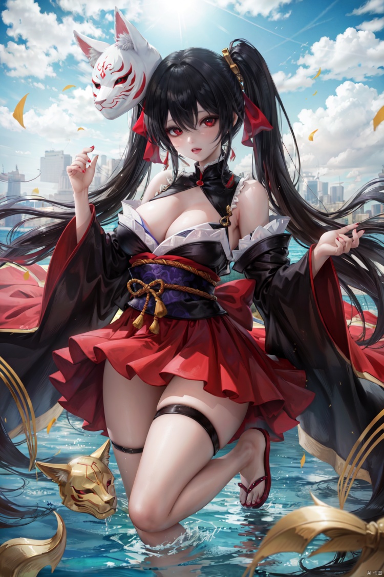 1girl, solo, long hair, breasts, looking at viewer, bangs, black hair, red eyes, long sleeves, dress, bow, holding, cleavage, hair between eyes, bare shoulders, twintails, medium breasts, very long hair, full body, detached sleeves, japanese clothes, water, sash, bare legs, thigh strap, mask, obi, red dress, pink dress, red nails, fish, string, fox mask, ripples, string of fate, holding mask