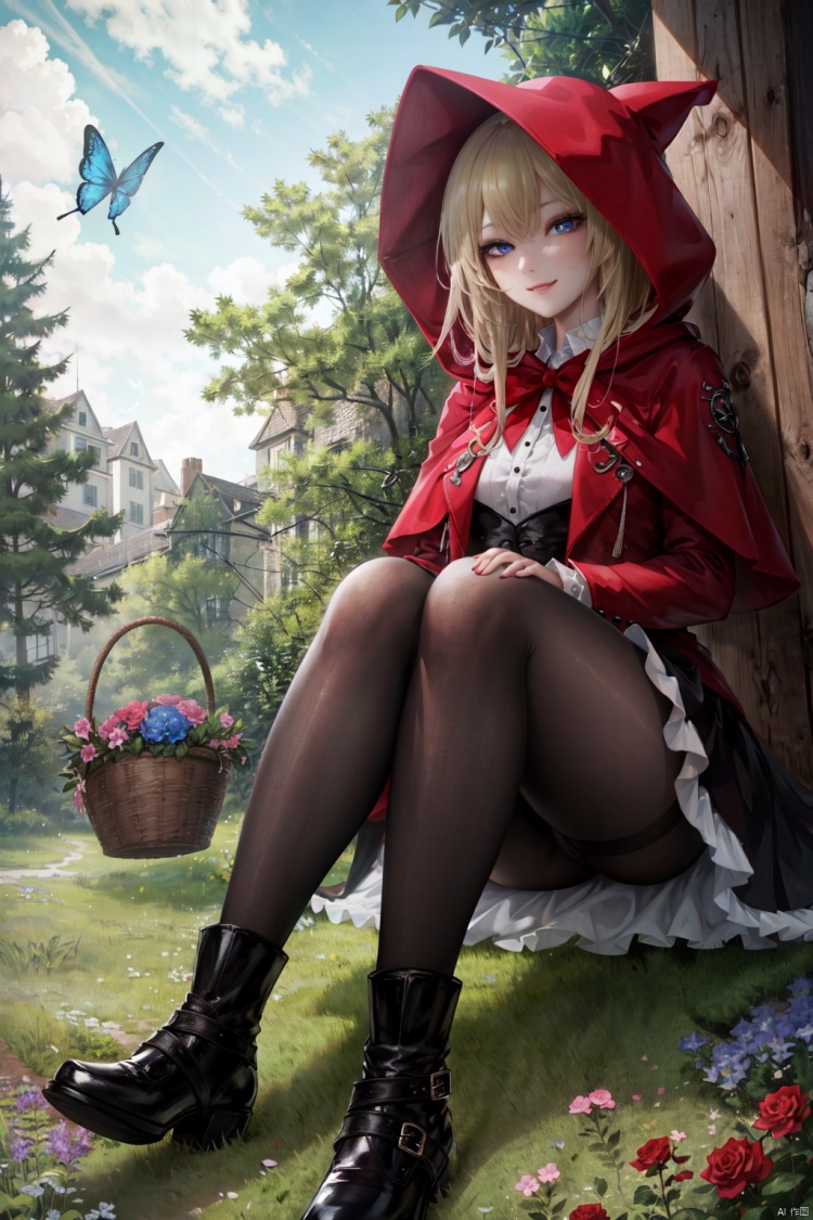 little red riding hood \(grimm\), flower, blonde hair, boots, blue eyes, butterfly, rose, rabbit, bug, pantyhose, pink rose, bird, long hair, sitting, french text, hood, english text, basket, wolf, multiple girls, tree, 1girl, smile, dress, food, pink flower
