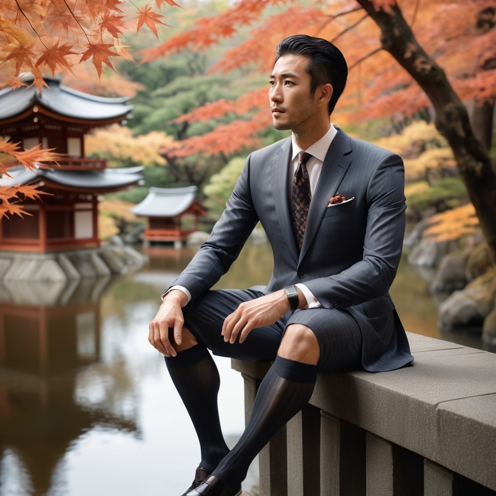 A photorealistic image of a stylish gentleman sitting on a balustrade in Kyoto's autumn scenery. The 178cm tall japanese m...
