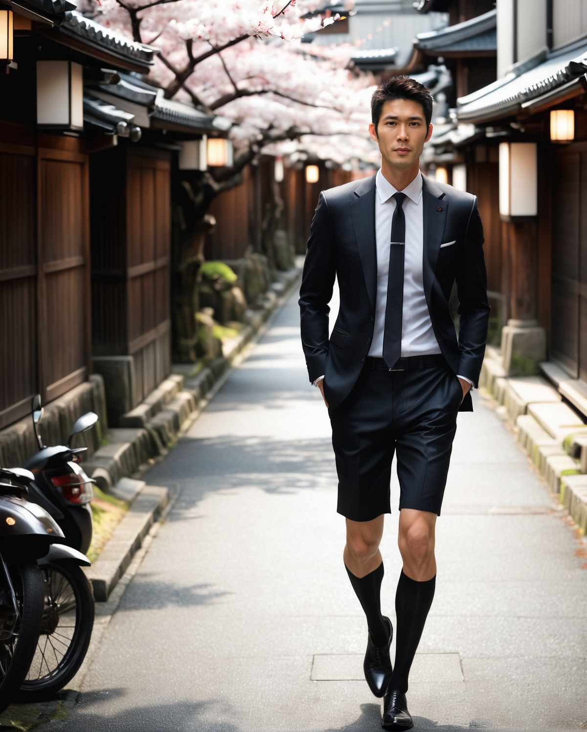 1guy,  full body,  handsome japanese suit guy walking along a narrow alley on Tensor.Art