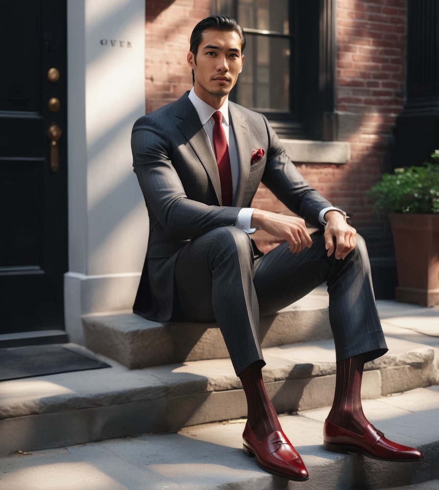1guy,  full body,  suit guy sitting in front of the stone step of New York row house on Tensor.Art
