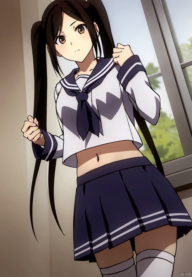 1girl, solo, long hair, skirt, black hair, thighhighs, navel, twintails, brown eyes, school uniform, pleated skirt, serafuku, midriff, white thighhighs, zettai ryouiki