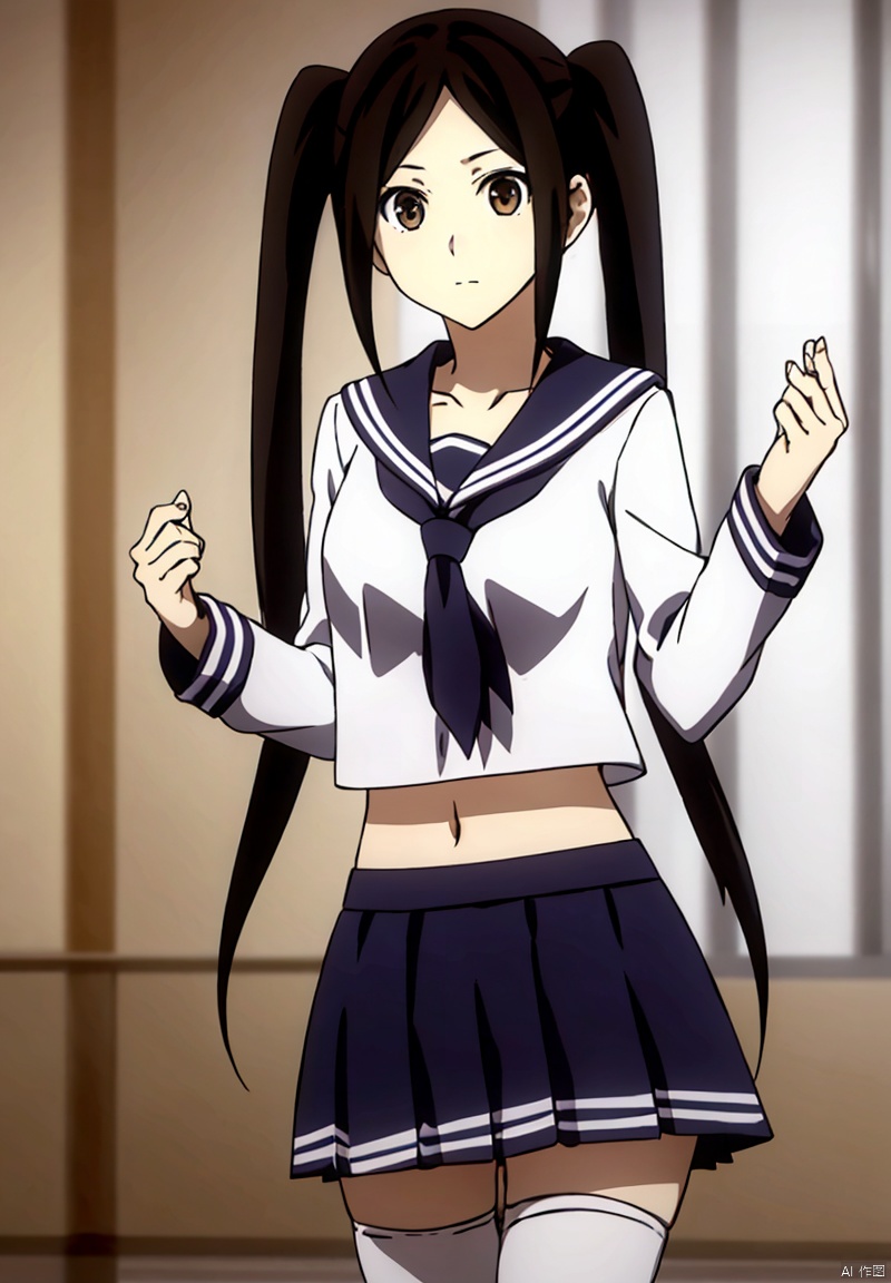 1girl, solo, long hair, skirt, black hair, thighhighs, navel, twintails, brown eyes, school uniform, pleated skirt, serafuku, midriff, white thighhighs, zettai ryouiki