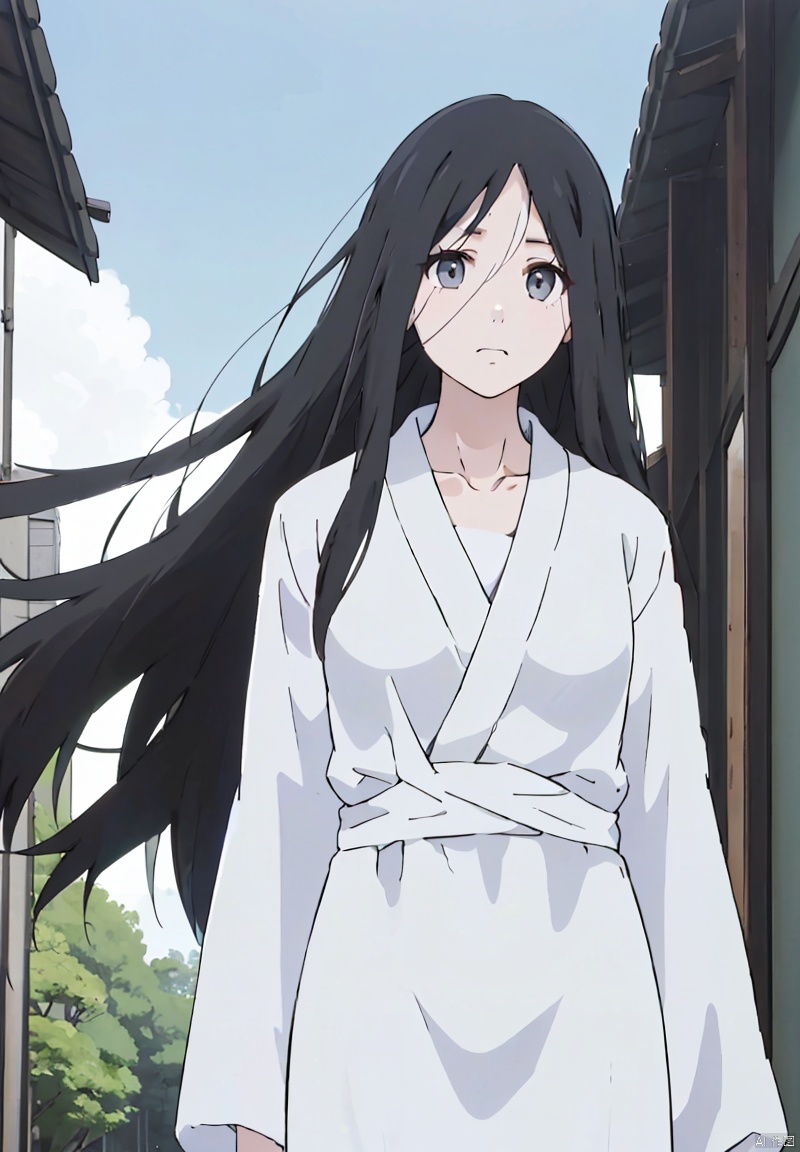 1girl, solo, long hair, black hair, very long hair, collarbone, japanese clothes, black eyes, grey eyes, yamamura sadako