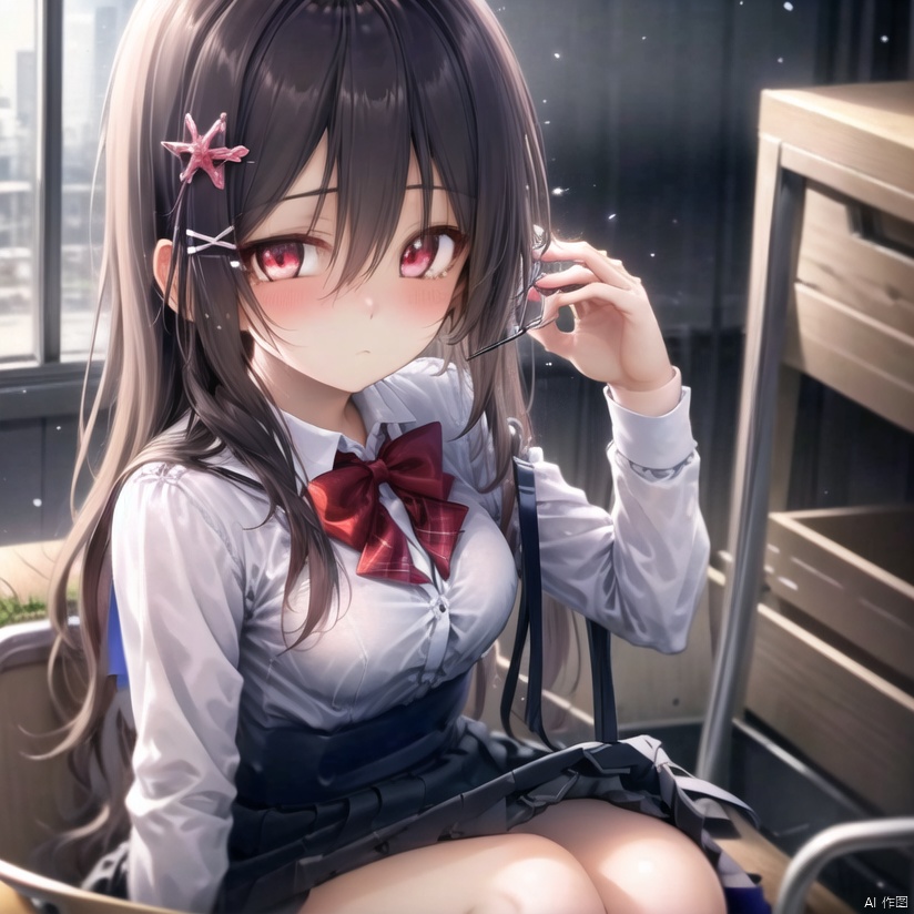 1girl, solo, long hair, breasts, looking at viewer, blush, bangs, skirt, brown hair, shirt, black hair, hair ornament, red eyes, long sleeves, bow, holding, hair between eyes, medium breasts, sitting, closed mouth, school uniform, white shirt, pleated skirt, socks, hairclip, collared shirt, bowtie, bag, kneehighs, dress shirt, black bow,students uniform, kawaii, upper body, delicate face, extremely detailed face and eyes,extremely beautiful and delicate face and eyes,fluttered detailed splashes,extremely detailed CG unity 8k wallpaper,amazing,highly detailed