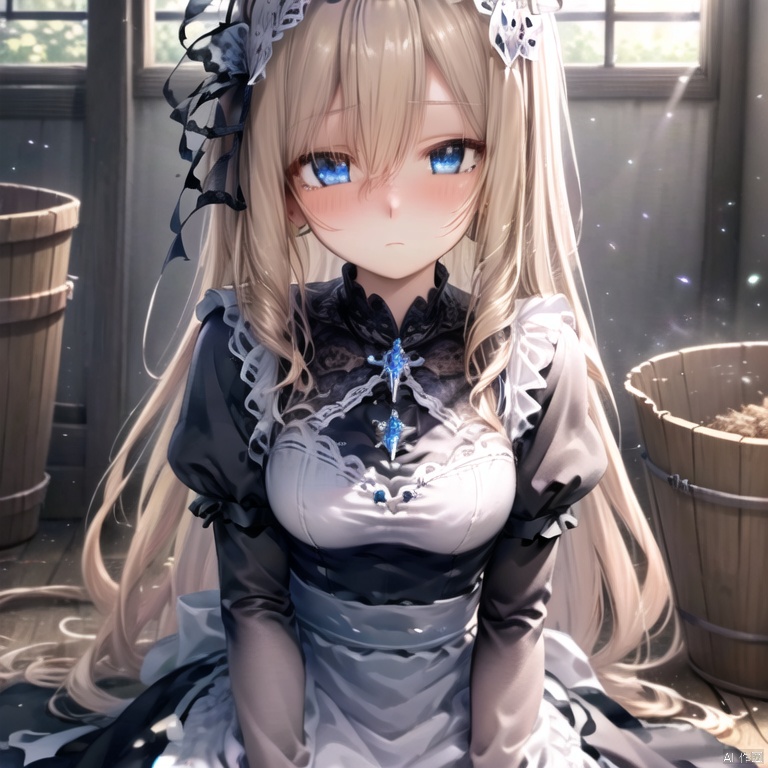 1girl, long hair, looking at viewer, blush, bangs, blue eyes, blonde hair, brown hair, long sleeves, dress, hair between eyes, sitting, closed mouth, frills, solo focus, indoors, apron, black dress, arm up, maid, maid headdress, window, sunlight, white apron, light particles, maid apron, broom, bucket,(extremely detailed CG unity 8k wallpaper),(((extremely detailed face and eyes,extremely beautiful and delicate face and eyes,wallpaper, extremely detailed face and eyes,fluttered detailed surroundings,extremely detailed CG unity 8k wallpaper,amazing,highly detailed,)), (best illustration),(best shadow), ((an extremely delicate and beautiful)),