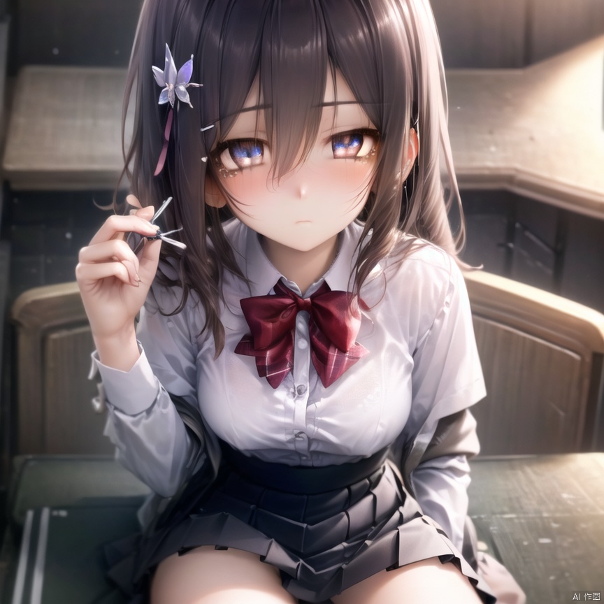 1girl, solo,Place hands on knees,long hair, breasts, looking at viewer, blush, bangs, skirt, brown hair, shirt, black hair, hair ornament, red eyes, long sleeves, bow, holding, hair between eyes, medium breasts, sitting, closed mouth, school uniform, white shirt, pleated skirt, socks, hairclip, collared shirt, bowtie, bag, kneehighs, dress shirt, black bow,students uniform, kawaii, upper body, delicate face, extremely detailed face and eyes,extremely beautiful and delicate face and eyes,(extremely detailed CG unity 8k wallpaper),(((extremely detailed face and eyes,extremely beautiful and delicate face and eyes,wallpaper, extremely detailed face and eyes,fluttered detailed surroundings,extremely detailed CG unity 8k wallpaper,amazing,highly detailed,)), (best illustration),(best shadow), ((an extremely delicate and beautiful)),sitting in chair 