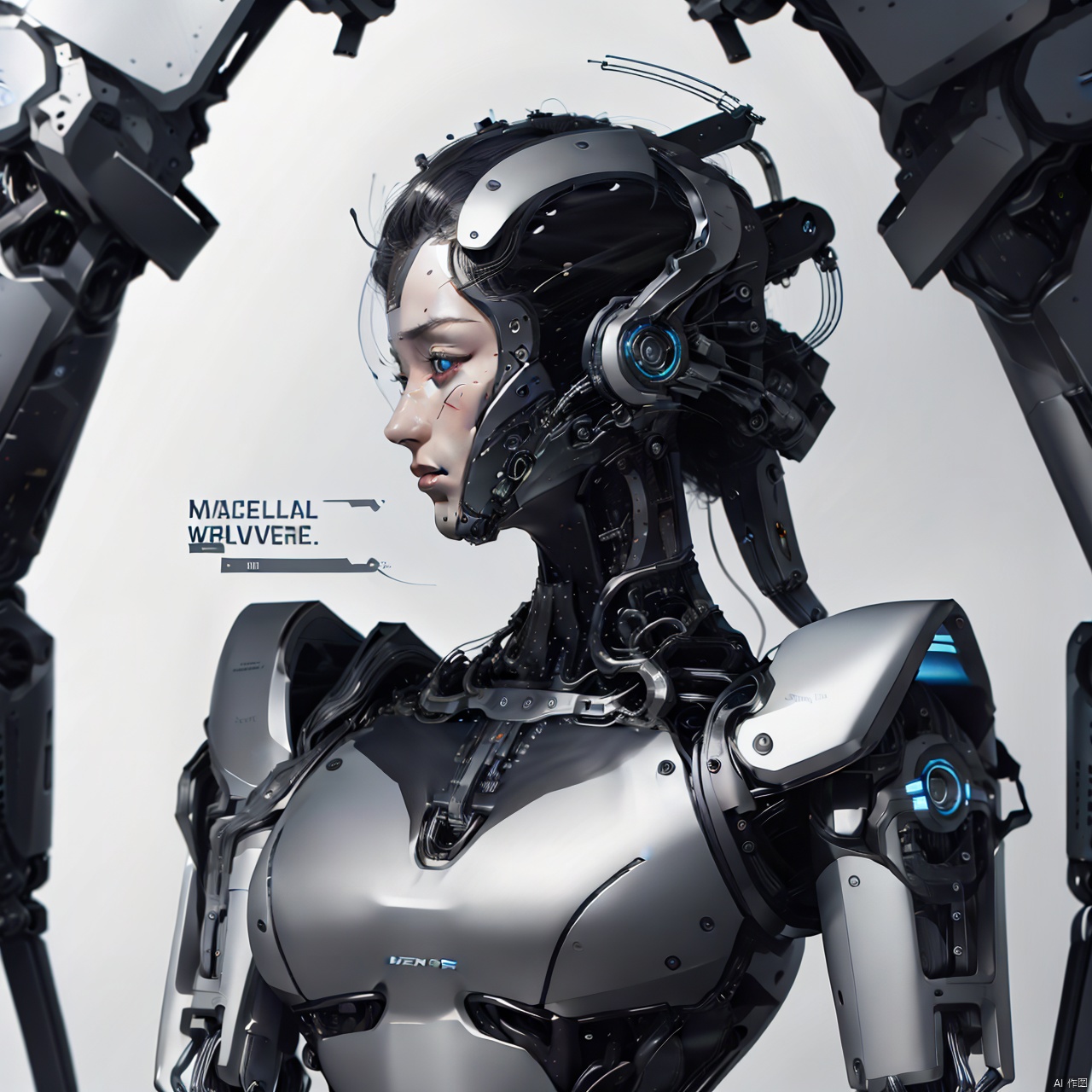  simple background, white background, artist name, english text, no humans, robot, science fiction, non-humanoid robot, machine, industrial product design, robots, (((The cyber helmet covers the whole fac, cyborg