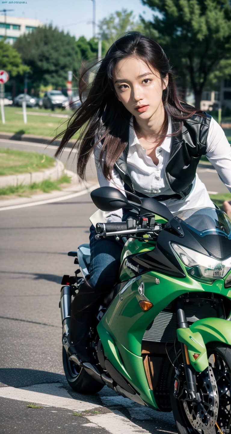  (Masterpiece, realistic, random quality),Korean girl,(driving a | Kawasaki motorcycle), raging, high speed, motion blur, relatively still, f/16, 1girl, takei film