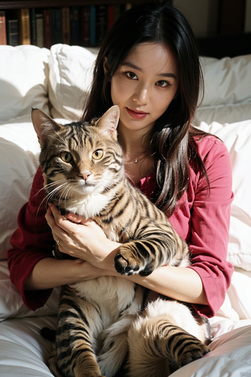  Certainly! Upon examining the image, I would describe it as a warm and inviting portrait of a young woman cuddling with her orange cat. The lighting is soft and diffused, creating a sense of comfort and relaxation. The color palette is rich and vibrant, with the woman's pink shirt and the cat's orange fur providing a pleasing contrast.
From a compositional standpoint, the image is well-balanced, with the subject's gaze directing the viewer's attention towards her. The woman's smile and the cat's gentle nuzzle create a sense of affection and contentment. The quality of the image is excellent, with sharp focus on both the woman and the cat, and no distractions in the background.
In terms of style, I would say that the image is a perfect example of a candid portrait. The woman's natural expression and the cat's relaxed posture convey a sense of authenticity and trust. Overall, this image is a beautiful representation of the bond between the woman and her cat, and it would make for a lovely addition to any collection of pet portraits or candid photography.