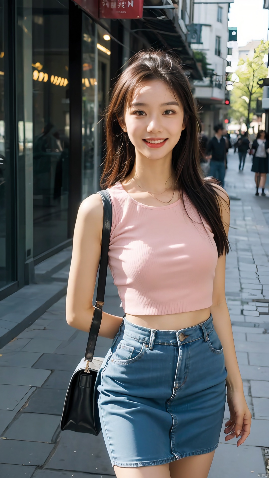  The image features a young woman in a pink top and a blue skirt, standing on a cobbled street with a smile on her face. The sunlight illuminates her face, casting a warm glow on her features. The colors in the image are vibrant and well-balanced, with a natural feel to them. The quality of the image is excellent, with no visible noise or graininess. The street setting adds a sense of depth and context to the scene. The young woman's cheerful and confident demeanor is captured in the image.