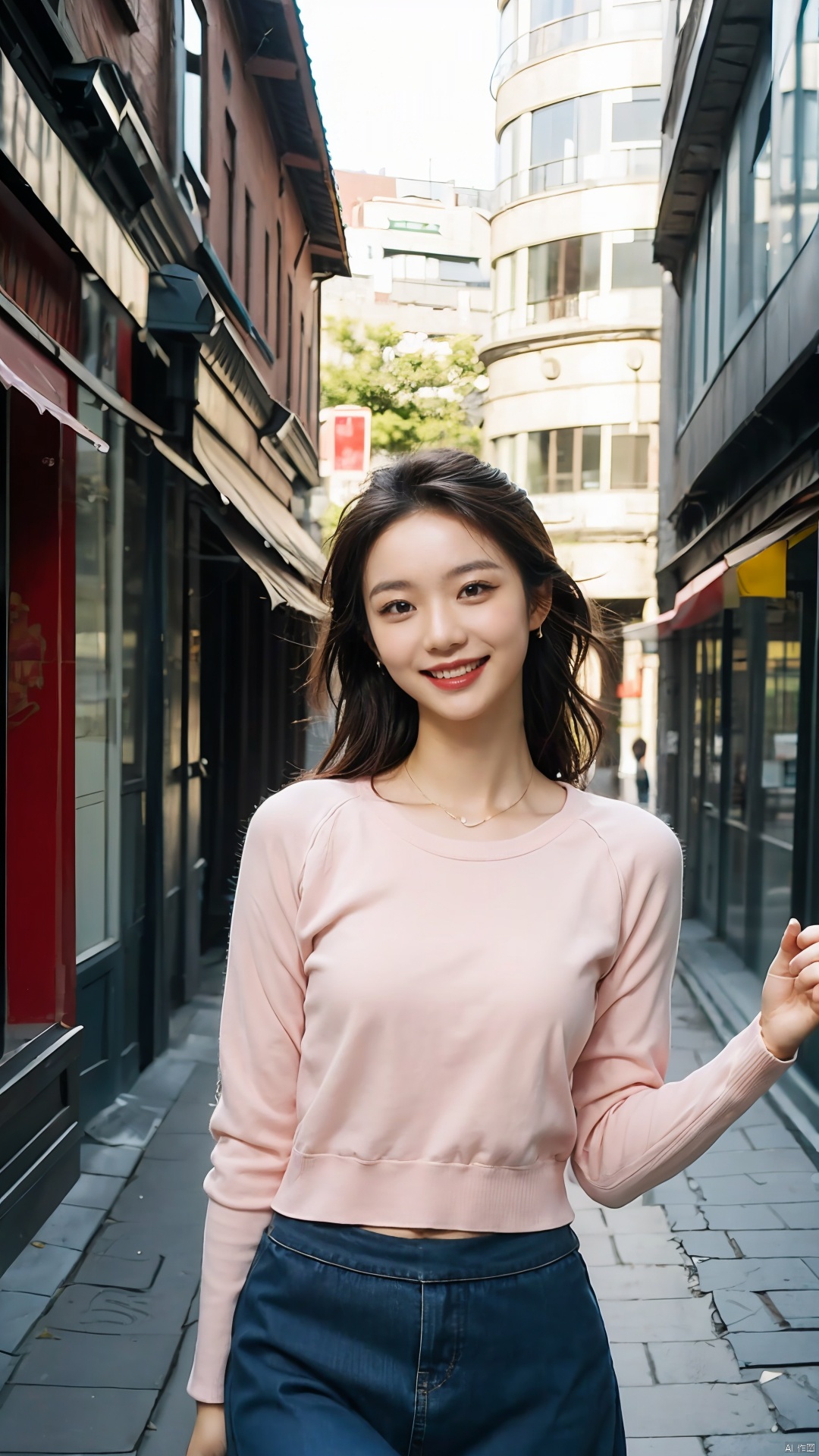  The image features a young woman in a pink top and a blue skirt, standing on a cobbled street with a smile on her face. The sunlight illuminates her face, casting a warm glow on her features. The colors in the image are vibrant and well-balanced, with a natural feel to them. The quality of the image is excellent, with no visible noise or graininess. The street setting adds a sense of depth and context to the scene. The young woman's cheerful and confident demeanor is captured in the image.