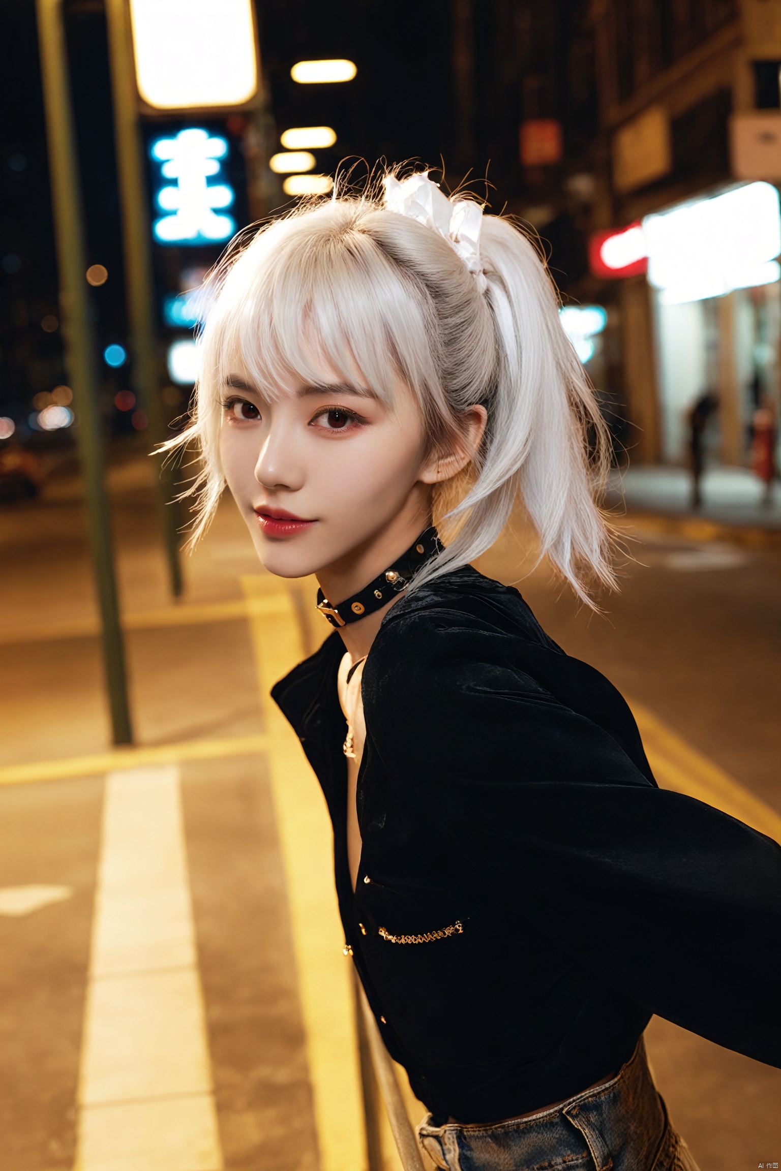hubg_jsnh,white hair,red eyes,cityscape,cute 1girl,lip biting,seductive leaning forward,detailed face,realistic,photorealistic,(studio light:1.2),evil smile,choker,Deep photo,depth of field,shadows,messy hair,seductive silhouette play,dark,nighttime,dark photo,grainy,dimly lit,shot on RED camera,harsh camera flash ((eyes closed)),bangs,hime cut,fashion model,full body,
