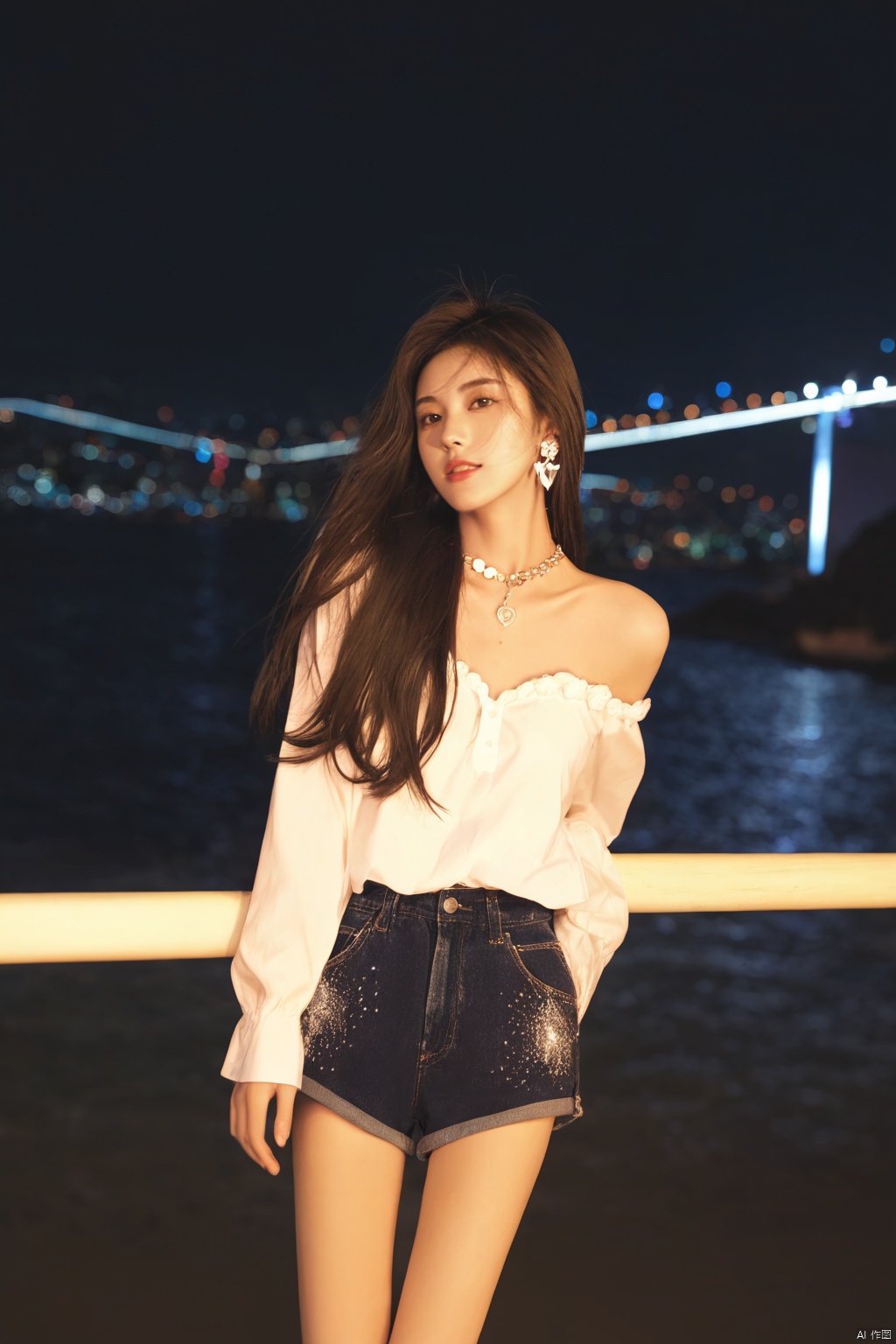 ((masterpiece)),((best quality)),((high detial)),((realistic)), hubg_jsnh, hubggirl,night,1girl, solo, long hair, brown hair, jewelry, earrings, shorts,short shorts