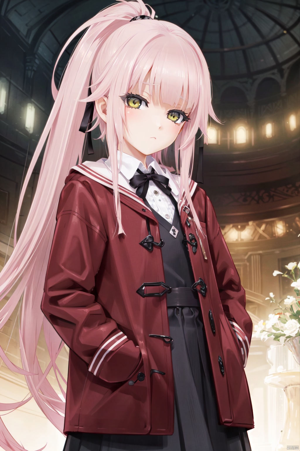 (best quality), ((masterpiece)), (highres),standing,original, extremely detailed wallpaper, (an extremely delicate and beautiful),(loli：1.2),(petite:1.2),Pink hair,Yellow eyes, (red Jacket),high ponytail,white collared shirt,hair flower,fipped hair,floating hair,Frown,hands in pockets,black dress,red bowtie,(solo),blurry,depth of field,blurry
