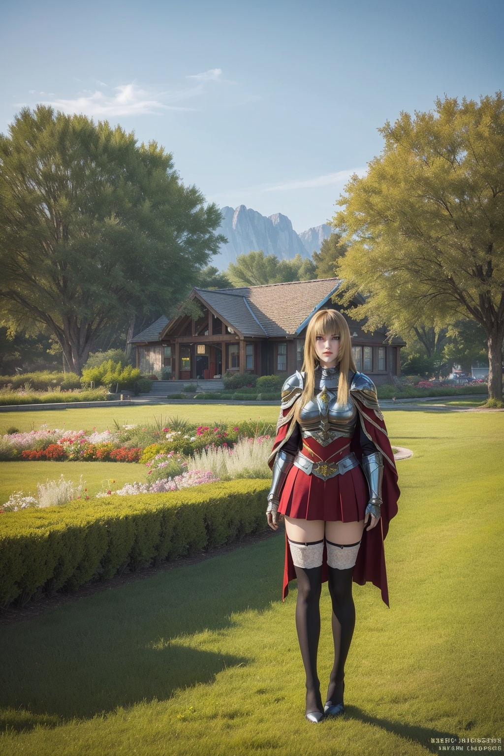 masterpiece,best quality,Florist,shop,Morning sunshine,glass flower house,flower,town,several houses,yard,flowers of various colours,potted plants,trees,chandeliers,signs,distant hills,grass,flowers,fences,yards,distant view,<lora:TianShiYan:0.8>,(Black stockings:1.1),1 girl,cloak,solo,armor,boots,red fur trim,long hair,standing,red skirt,(Blonde hair:0.9),bangs,(Distance 7 meters from her:2.1),