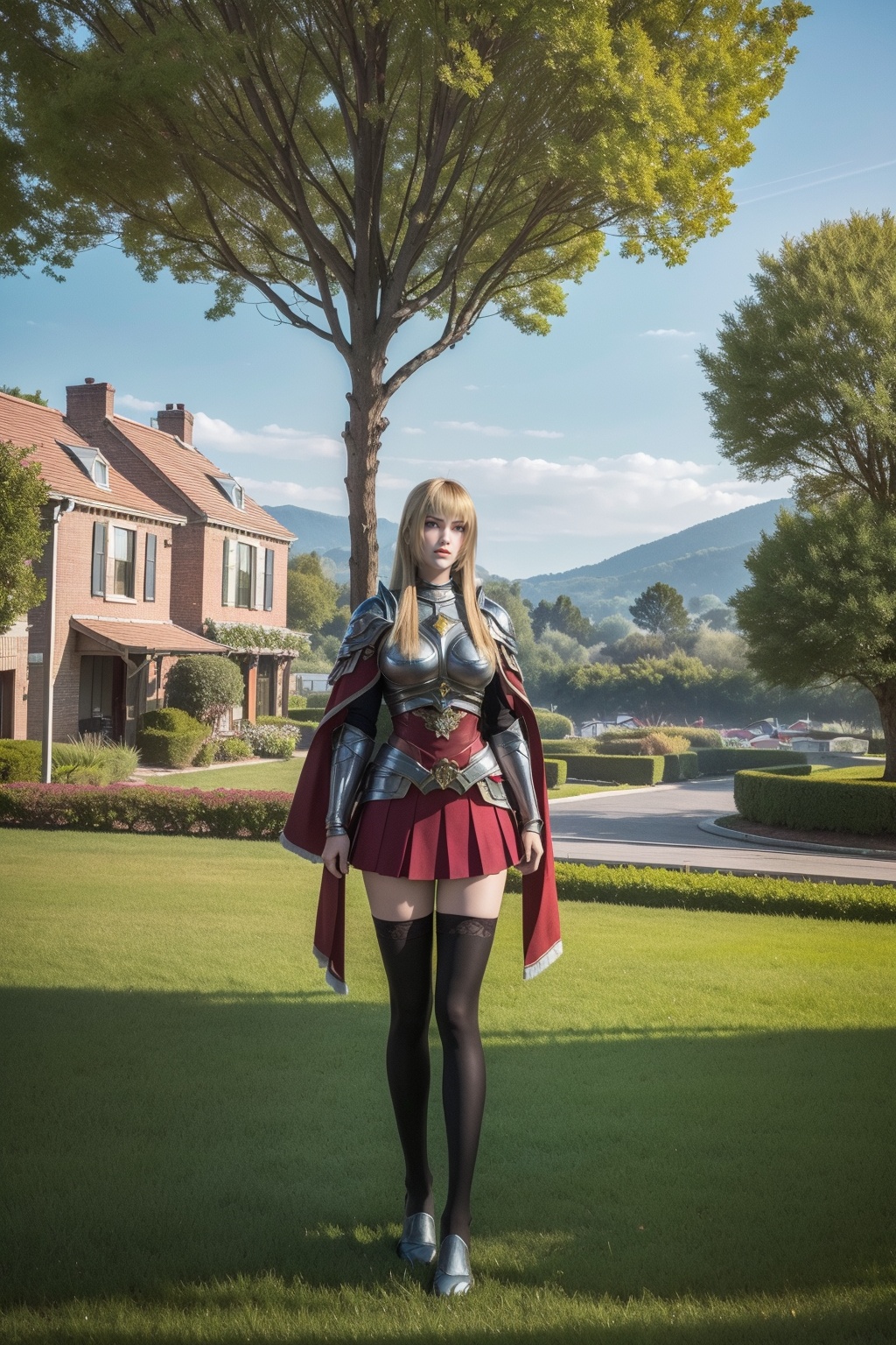 masterpiece,best quality,Florist,shop,Morning sunshine,glass flower house,flower,town,several houses,yard,flowers of various colours,potted plants,trees,chandeliers,signs,distant hills,grass,flowers,fences,yards,distant view,<lora:TianShiYan:0.8>,(Black stockings:1.1),1 girl,cloak,solo,armor,boots,red fur trim,long hair,standing,red skirt,(Blonde hair:0.9),bangs,(Distance 6 meters from her:2.1),