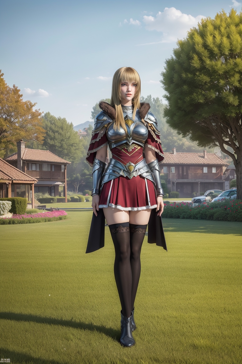 masterpiece,best quality,Florist,shop,Morning sunshine,glass flower house,flower,town,several houses,yard,flowers of various colours,potted plants,trees,chandeliers,signs,distant hills,grass,flowers,fences,yards,distant view,<lora:TianShiYan:0.8>,(Black stockings:1.1),1 girl,cloak,solo,armor,boots,red fur trim,long hair,standing,red skirt,(Blonde hair:0.9),bangs,(Distance 6 meters from her:2.1),
