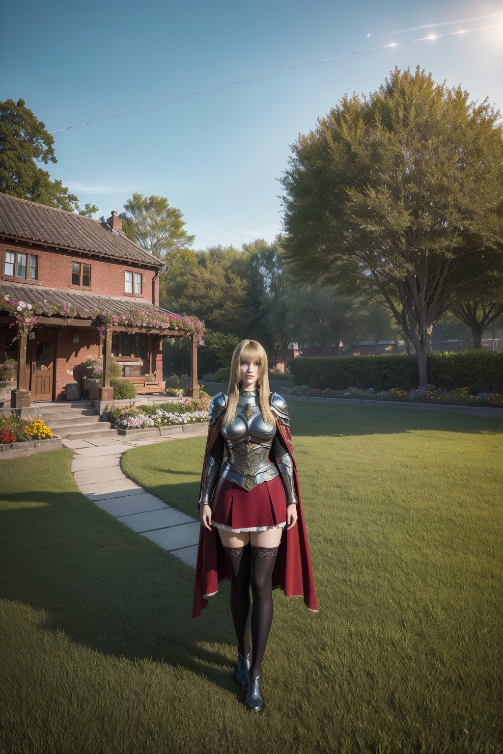 masterpiece,best quality,Florist,shop,Morning sunshine,glass flower house,flower,town,several houses,yard,flowers of various colours,potted plants,trees,chandeliers,signs,distant hills,grass,flowers,fences,yards,distant view,<lora:TianShiYan:0.8>,(Black stockings:1.1),1 girl,cloak,solo,armor,boots,red fur trim,long hair,standing,red skirt,(Blonde hair:0.9),bangs,(Distance 8 meters from her:2.1),