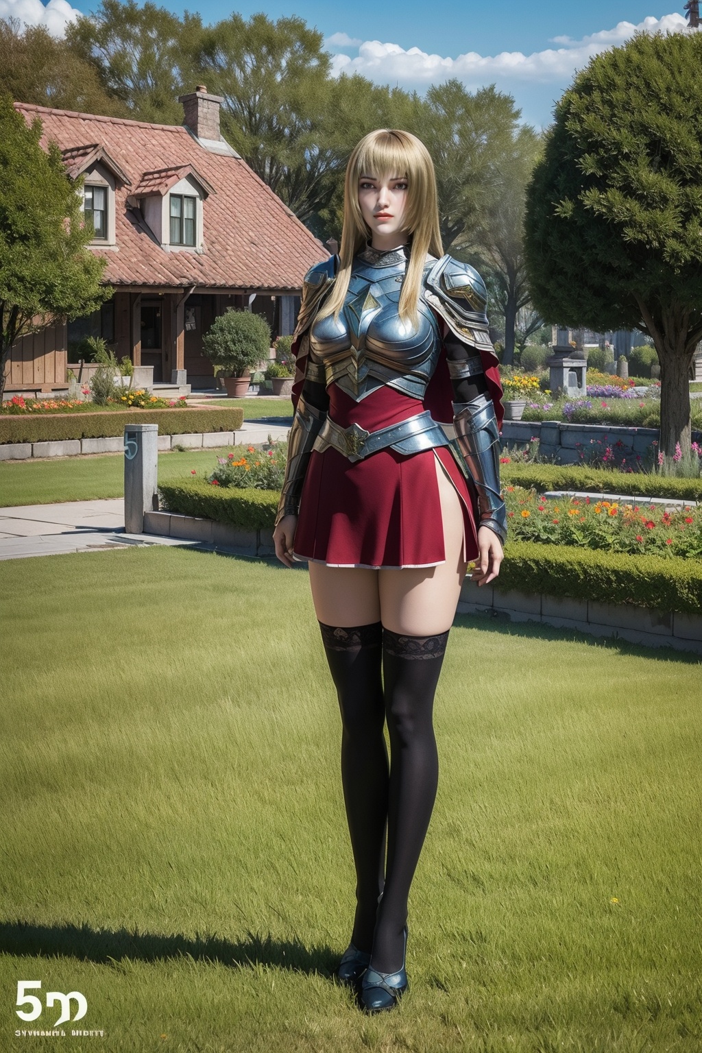 masterpiece,best quality,Florist,shop,Morning sunshine,glass flower house,flower,town,several houses,yard,flowers of various colours,potted plants,trees,chandeliers,signs,distant hills,grass,flowers,fences,yards,distant view,<lora:TianShiYan:0.8>,(Black stockings:1.1),1 girl,cloak,solo,armor,boots,red fur trim,long hair,standing,red skirt,(Blonde hair:0.9),bangs,(Distance 5 meters from her:2.1),