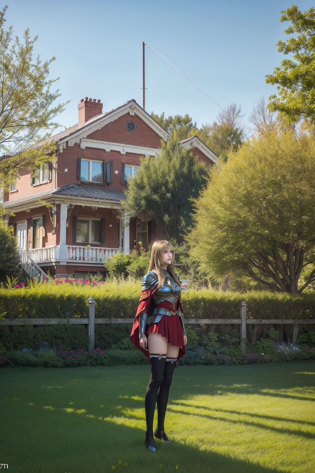 masterpiece,best quality,Florist,shop,Morning sunshine,glass flower house,flower,town,several houses,yard,flowers of various colours,potted plants,trees,chandeliers,signs,distant hills,grass,flowers,fences,yards,distant view,<lora:TianShiYan:0.8>,(Black stockings:1.1),1 girl,cloak,solo,armor,boots,red fur trim,long hair,standing,red skirt,(Blonde hair:0.9),bangs,(Distance 7 meters from her:2.1),
