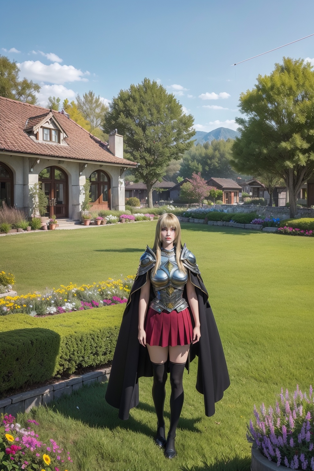 masterpiece,best quality,Florist,shop,Morning sunshine,glass flower house,flower,town,several houses,yard,flowers of various colours,potted plants,trees,chandeliers,signs,distant hills,grass,flowers,fences,yards,distant view,<lora:TianShiYan:0.8>,(Black stockings:1.1),1 girl,cloak,solo,armor,boots,red fur trim,long hair,standing,red skirt,(Blonde hair:0.9),bangs,(Distance 6 meters from her:2.1),