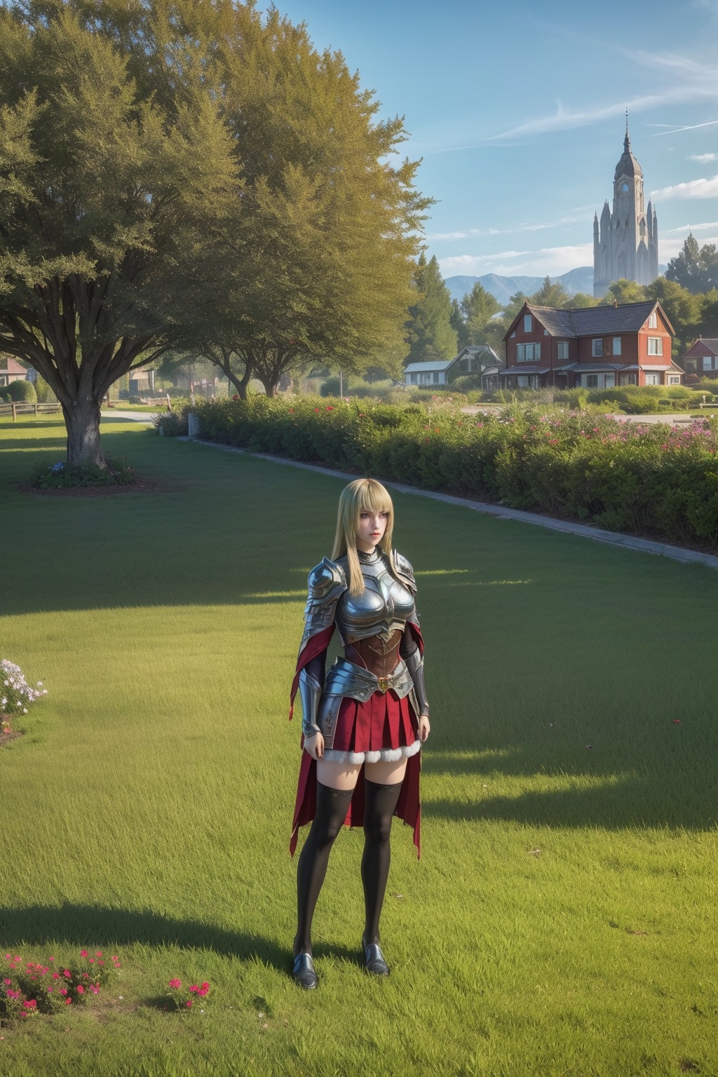 masterpiece,best quality,Florist,shop,Morning sunshine,glass flower house,flower,town,several houses,yard,flowers of various colours,potted plants,trees,chandeliers,signs,distant hills,grass,flowers,fences,yards,distant view,<lora:TianShiYan:0.8>,(Black stockings:1.1),1 girl,cloak,solo,armor,boots,red fur trim,long hair,standing,red skirt,(Blonde hair:0.9),bangs,(Distance 8 meters from her:2.1),