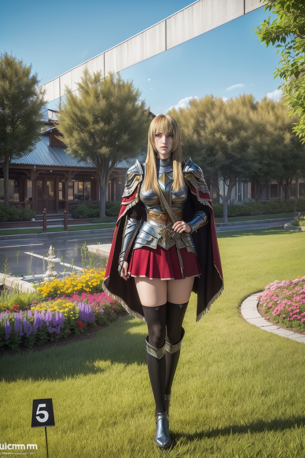 masterpiece,best quality,Florist,shop,Morning sunshine,glass flower house,flower,town,several houses,yard,flowers of various colours,potted plants,trees,chandeliers,signs,distant hills,grass,flowers,fences,yards,distant view,<lora:TianShiYan:0.8>,(Black stockings:1.1),1 girl,cloak,solo,armor,boots,red fur trim,long hair,standing,red skirt,(Blonde hair:0.9),bangs,(Distance 5 meters from her:2.1),