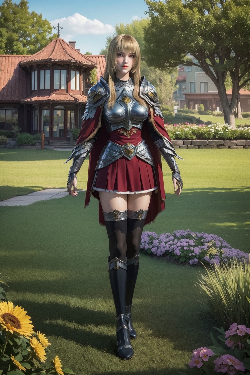 masterpiece,best quality,Florist,shop,Morning sunshine,glass flower house,flower,town,several houses,yard,flowers of various colours,potted plants,trees,chandeliers,signs,distant hills,grass,flowers,fences,yards,distant view,<lora:TianShiYan:0.8>,(Black stockings:1.1),1 girl,cloak,solo,armor,boots,red fur trim,long hair,standing,red skirt,(Blonde hair:0.9),bangs,(Distance 5 meters from her:2.1),