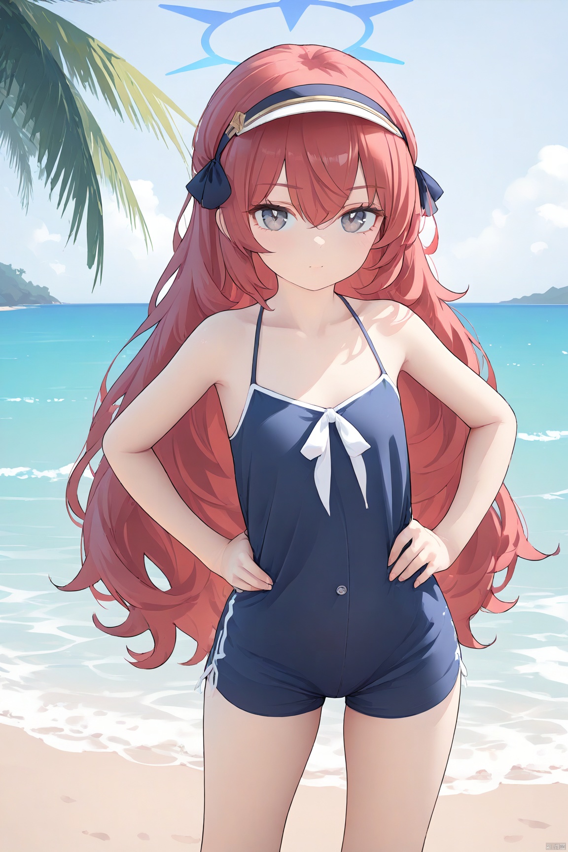  1girl,solo,(masterpiece:1.3),( beautiful:1.2),(high quality:1.2),(finely detailed:1.2),extremely detailed CG unity 8k wallpaper,best quality,a very delicate and beautiful,perfect fingers,(one cute girl at the center:1.2), looking_at_viewer,ocean,beach,water,sunlight,tree,  hands_on_hips,
long hair, bangs,  ribbon, hair between eyes, collarbone, red hair,  grey eyes,  wavy hair, halo, irohaBA