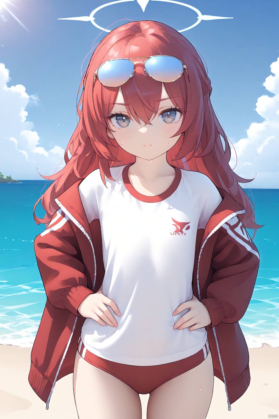  1girl,solo,(masterpiece:1.3),( beautiful:1.2),(high quality:1.2),(finely detailed:1.2),extremely detailed CG unity 8k wallpaper,best quality,a very delicate and beautiful,perfect fingers,(one cute girl at the center:1.2), looking_at_viewer,ocean,beach,water,sunlight,tree,  hands_on_hips,
shirt, red eyes, hair between eyes, jacket, white shirt,  sweat,  open jacket, eyewear on head, red jacket, gym uniform, track jacket, buruma, jacket on shoulders, gym shirt, red buruma,
long hair, bangs,  ribbon, hair between eyes, collarbone, red hair,  grey eyes,  wavy hair, halo, irohaBA