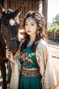 (Masterpiece, top quality, best quality, official art, beauty and aesthetics: 1.2), 1girl, horse riding, black hair, blur background, brown eyes, depth of field, desert,Chinese Tibetan clothing,Silver Tibetan wheel,Tibetan headwear,Tibetan Earrings,White half body Tibetan robe,Tibetan jewelry,Blue and white Tibetan clothing,Tibetan girl , jewelry, lips, necklace, outdoors, photo in Tibetan, 8k, crazy details, complex details,

,moyou