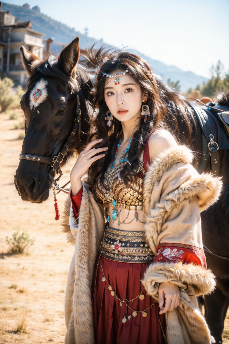 (Masterpiece, top quality, best quality, official art, beauty and aesthetics: 1.2), 1girl, horse riding, black hair, blur background, brown eyes, depth of field, desert,Chinese Tibetan clothing,Silver Tibetan wheel,Tibetan headwear,Tibetan Earrings,White half body Tibetan robe,Tibetan jewelry,Blue and white Tibetan clothing,Tibetan girl , jewelry, lips, necklace, outdoors, photo in Tibetan, 8k, crazy details, complex details,

,moyou