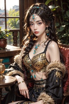 (Masterpiece, top quality, best quality, official art, beauty and aesthetics: 1.2), upper body, 1 girl, beautiful face, facial focus, solo, flowing long hair, braids, multiple braids, floating hair, blue eyes, chest, black hair, jewelry, wearing a vibrant Tibetan dress decorated with colorful patterns and complex embroidery, boots, necklaces, tables, bangs trim, Bracelet, layered sleeves, fluffy sleeves, slim body, dynamic angles, flowers, plants, vibrant colors, reed bushes, realism, soft light, spiritual pursuit, tranquility, extreme detail, 8k, crazy details, complex details,

